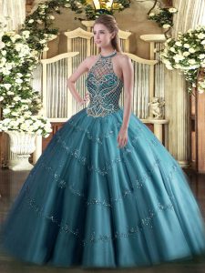 Sleeveless Floor Length Beading Lace Up Quinceanera Gown with Teal
