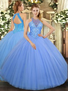 Sleeveless Tulle Floor Length Lace Up Ball Gown Prom Dress in Light Blue with Beading