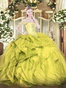 Olive Green Ball Gowns Organza Off The Shoulder Sleeveless Beading and Ruffles Floor Length Lace Up Sweet 16 Quinceanera