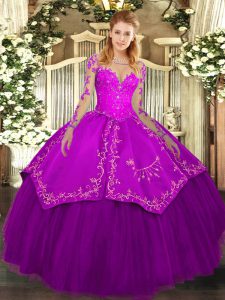 Edgy Purple Organza and Taffeta Lace Up Ball Gown Prom Dress Long Sleeves Floor Length Lace and Embroidery