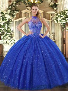High Class Floor Length Lace Up Quinceanera Gown Royal Blue for Sweet 16 and Quinceanera with Beading and Embroidery