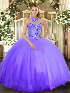 Best Halter Top Sleeveless Quinceanera Dresses Floor Length Embroidery Lavender Tulle