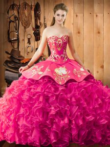 Lace Up 15 Quinceanera Dress Hot Pink for Military Ball and Sweet 16 and Quinceanera with Embroidery and Ruffles Brush T