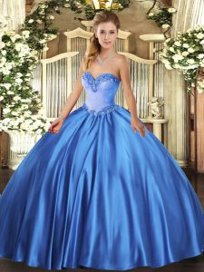 Custom Design Blue Lace Up Sweetheart Beading Quince Ball Gowns Satin Sleeveless