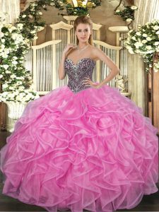 Fine Floor Length Lace Up Quinceanera Gowns Rose Pink for Military Ball and Sweet 16 and Quinceanera with Beading and Ru