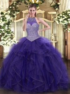 Spectacular Floor Length Lace Up Quinceanera Gown Purple for Military Ball and Sweet 16 and Quinceanera with Beading and