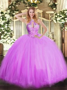 High Quality Ball Gowns Quinceanera Dresses Lilac Halter Top Tulle Sleeveless Floor Length Lace Up