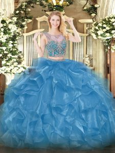 Exquisite Scoop Sleeveless Sweet 16 Quinceanera Dress Floor Length Beading and Ruffles Baby Blue Organza