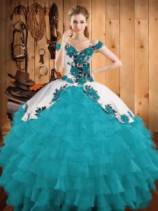Inexpensive Multi-color Ball Gowns Organza Off The Shoulder Sleeveless Embroidery and Ruffled Layers Lace Up Quinceanera