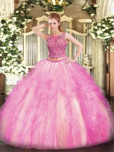 Best Selling Rose Pink Tulle Lace Up 15 Quinceanera Dress Sleeveless Floor Length Beading and Ruffles