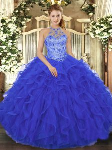 Inexpensive Royal Blue Sleeveless Beading and Embroidery and Ruffles Floor Length Vestidos de Quinceanera