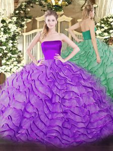 Unique Eggplant Purple Ball Gowns Strapless Sleeveless Tulle Brush Train Zipper Ruffles Quince Ball Gowns