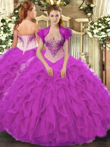 Fuchsia Sleeveless Beading and Ruffles Floor Length 15th Birthday Dress