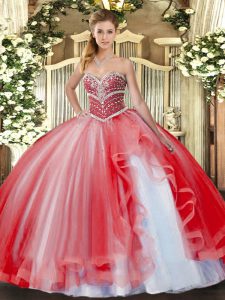 Suitable Coral Red Lace Up Quinceanera Dresses Beading and Ruffles Sleeveless Floor Length