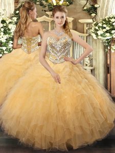 Charming Sleeveless Floor Length Beading and Ruffles Lace Up 15 Quinceanera Dress with Gold