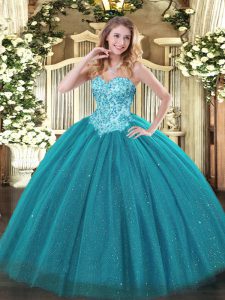 Inexpensive Teal Sleeveless Tulle and Sequined Lace Up Sweet 16 Quinceanera Dress for Sweet 16 and Quinceanera