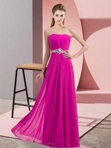 Fuchsia Chiffon Lace Up Strapless Sleeveless Floor Length Dress for Prom Beading