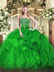 New Arrival Floor Length Green Sweet 16 Dresses Organza Sleeveless Beading and Ruffles