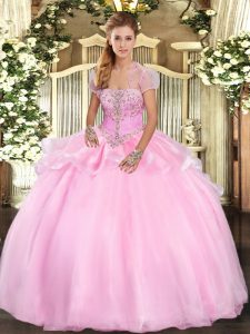 Baby Pink Ball Gowns Strapless Sleeveless Organza Floor Length Lace Up Appliques Sweet 16 Quinceanera Dress