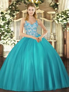 High Quality Floor Length Lace Up Quince Ball Gowns Teal for Sweet 16 and Quinceanera with Beading and Ruffles