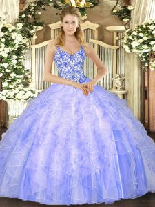 Beauteous Straps Sleeveless Organza 15 Quinceanera Dress Beading and Ruffles Lace Up