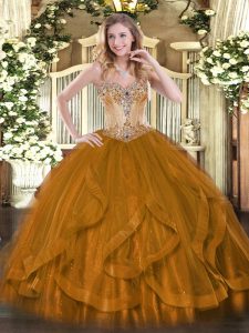 Charming Tulle Sweetheart Sleeveless Lace Up Beading and Ruffles Ball Gown Prom Dress in Brown