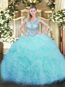 Flirting Beading and Ruffles and Pick Ups Quince Ball Gowns Aqua Blue Lace Up Sleeveless Floor Length