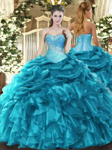 Modest Floor Length Teal Quinceanera Dress Organza Sleeveless Beading and Ruffles and Pick Ups