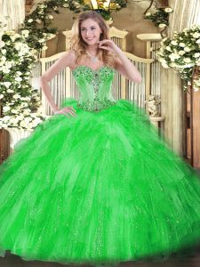 Modest Green Ball Gowns Tulle Sweetheart Sleeveless Beading and Ruffles Floor Length Lace Up Quinceanera Dress