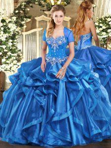 Noble Baby Blue Ball Gowns Sweetheart Sleeveless Organza Floor Length Lace Up Beading and Ruffles Quinceanera Dress