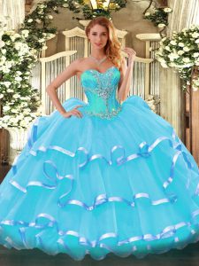 Captivating Aqua Blue Quinceanera Dresses Sweet 16 and Quinceanera with Beading and Ruffled Layers Sweetheart Sleeveless