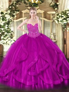 Affordable Fuchsia Ball Gowns Tulle Sweetheart Sleeveless Beading and Ruffles Floor Length Lace Up Vestidos de Quinceane