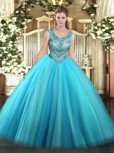 Nice Scoop Sleeveless Lace Up 15 Quinceanera Dress Baby Blue Tulle