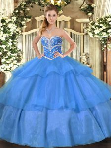 Glamorous Sleeveless Tulle Floor Length Lace Up 15th Birthday Dress in Blue with Beading and Ruffled Layers