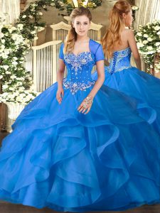 Deluxe Baby Blue Sleeveless Tulle Lace Up Vestidos de Quinceanera for Military Ball and Sweet 16 and Quinceanera