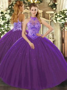 Sexy Purple Ball Gowns Tulle Halter Top Sleeveless Beading and Appliques and Embroidery Floor Length Lace Up Quinceanera