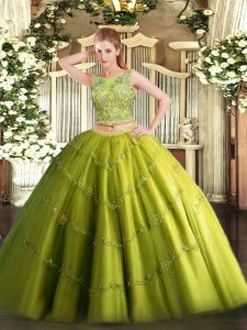Olive Green Sleeveless Beading and Appliques Floor Length 15 Quinceanera Dress