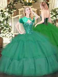 Flirting Turquoise Tulle Lace Up Quinceanera Gowns Sleeveless Floor Length Beading and Ruffled Layers