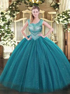 Sleeveless Floor Length Beading Lace Up Quinceanera Dresses with Teal