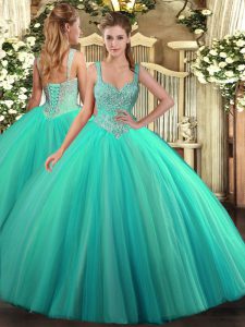 Classical Turquoise Sleeveless Tulle Lace Up 15 Quinceanera Dress for Military Ball and Sweet 16 and Quinceanera