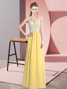 Cheap Floor Length Yellow Evening Dress Chiffon Sleeveless Lace