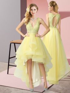 V-neck Sleeveless Prom Party Dress High Low Beading and Lace Yellow Tulle