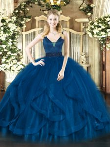 Luxury Sleeveless Tulle Floor Length Zipper Quinceanera Dress in Royal Blue with Beading and Ruffles