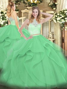 Adorable Scoop Sleeveless Vestidos de Quinceanera Floor Length Lace and Ruffles Apple Green Tulle