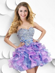 Glittering Mini Length Zipper Prom Party Dress Multi-color for Prom and Party with Beading and Ruffles and Bowknot