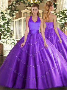 Nice Purple Sleeveless Floor Length Appliques Lace Up Sweet 16 Dresses