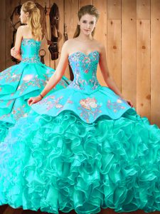 Perfect Aqua Blue Sweetheart Lace Up Embroidery and Ruffles Quinceanera Gown Brush Train Sleeveless