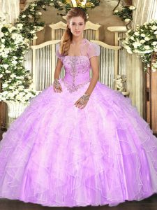 Most Popular Lilac Sleeveless Appliques and Ruffles Floor Length 15th Birthday Dress