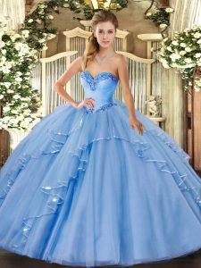 Clearance Blue Ball Gown Prom Dress Military Ball and Sweet 16 and Quinceanera with Beading and Ruffles Sweetheart Sleev