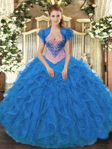 Ideal Blue Organza Lace Up Sweetheart Sleeveless Floor Length Quinceanera Gown Beading and Ruffles